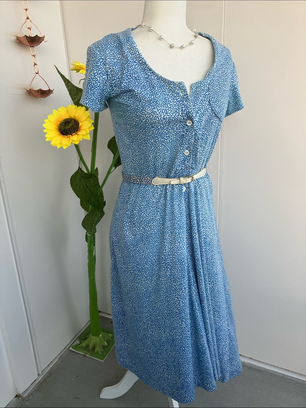 Vintage 70s Blue & White Cotton Sprinkle Print Midi Dress w Matching Belt AS IS